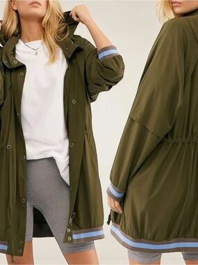 Free People Windswept Hooded Utility Jacket with Blue Trim Spring Coat Oversized